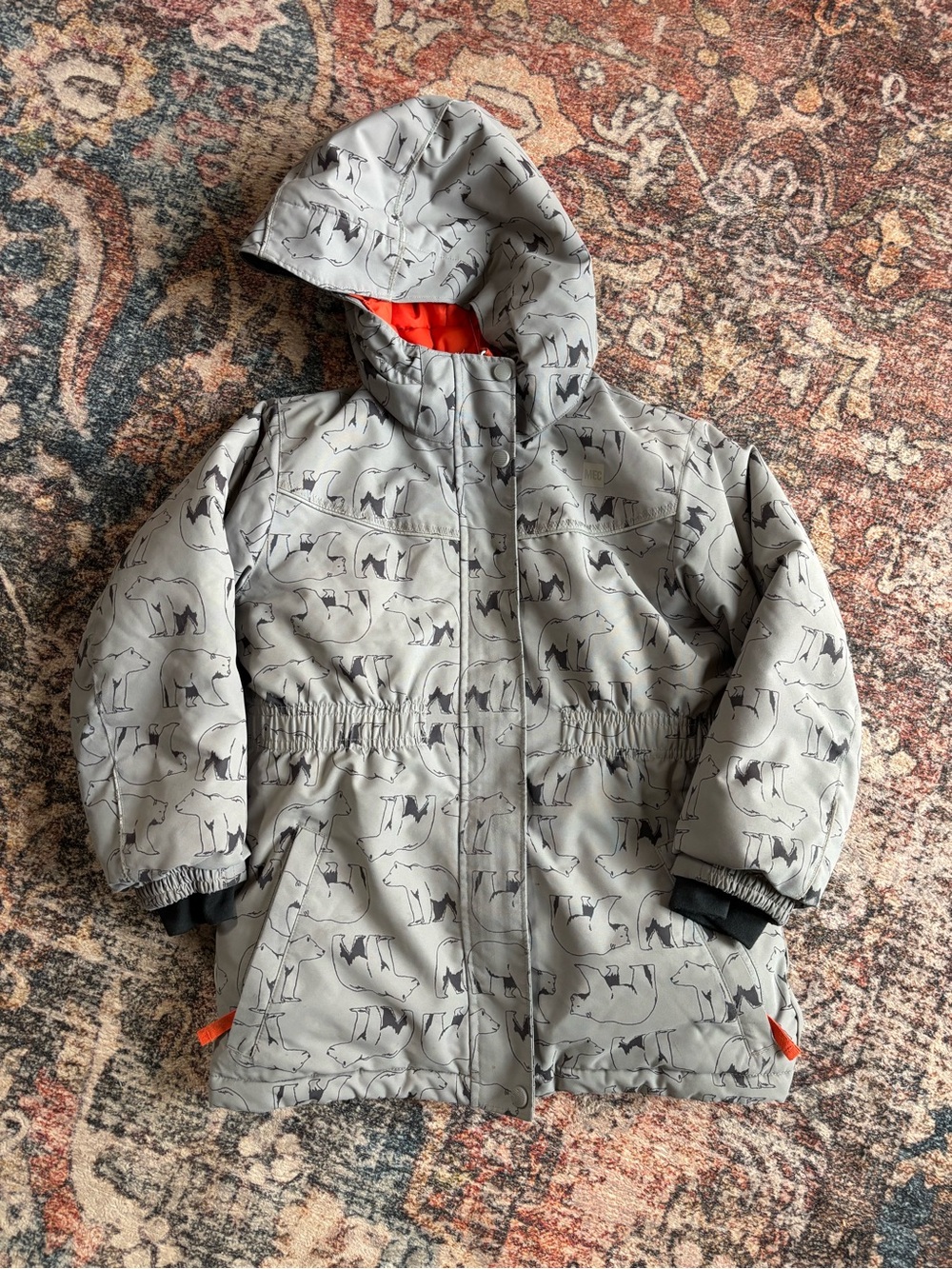 MEC Gray Polar Bear Print Hooded Puffer with Orange Lining